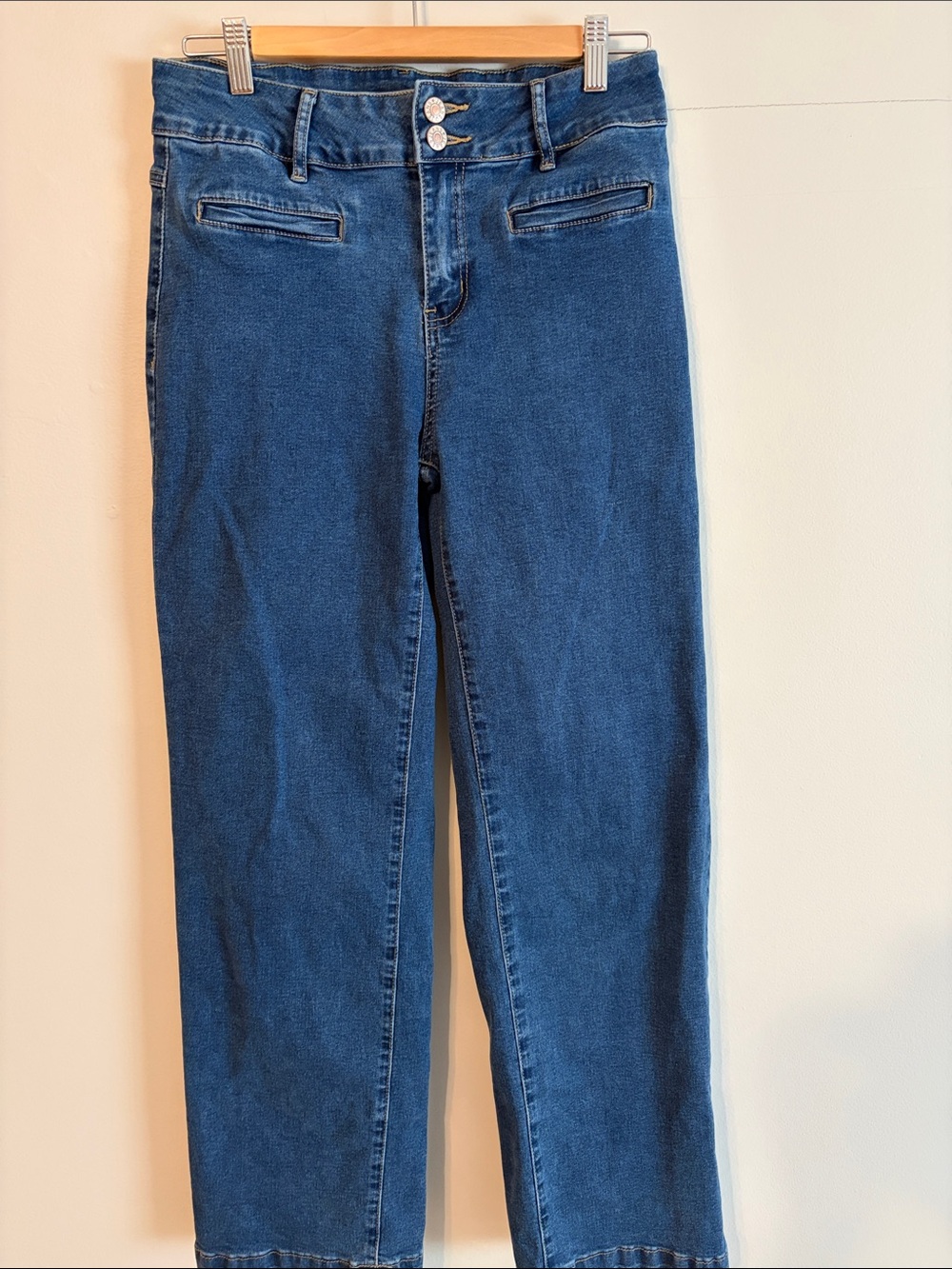 Sidefeel High-Rise Wide Leg Jeans in Dark Blue. Pockets. Size 10. Blend fabric.
